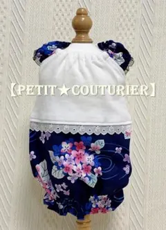 No.6235　あじさい模様の切り替えバルーンワンピース　ネイビー　＜小型犬用＞
