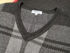 美品☆レノマrenoma☆ニットセーターVネックグレンチェックMチャコールグレー