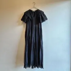 ミラオーウェン カットワークレース ロングワンピース フレア S 黒 春夏