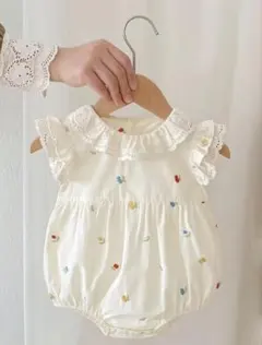 新品 80 ベビーロンパース 刺繍 フリル襟 韓国 子供服 女の子 可愛い