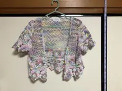 マルチカラー レース編み 半袖カーディガン　ブラウス　ショート