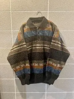 90s 古着 ニット ボーダーニット 柄ニット ニットポロシャツ オーバー 