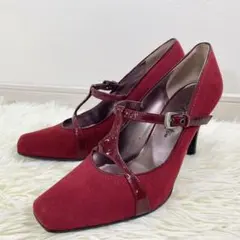 美品　銀座かねまつ　パンプス　ヒール　スウェード　エナメル　レッド　25㎝のサムネイル