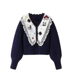 刺繍レース襟ネイビーケーブルニットカーディガン