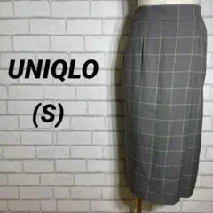UNIQLO ユニクロ　チェック柄タックスカート　グレー　膝下　ミモレ　レーヨン