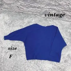 vintage F ニットセーター 横リブ ショート丈 ブルー