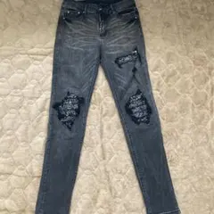 ダメージ加工 ペイント スキニーデニムパンツ ブラックドリップdrip29 
