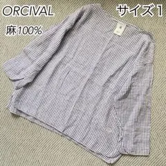 美品✨オーシバル リネン　チェック　ボートネック プルオーバー シャツ 刺繍ロゴのサムネイル