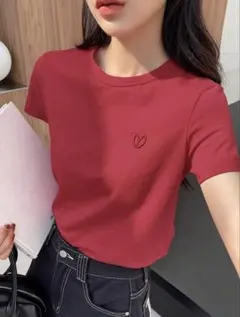 ハート刺繍 半袖Tシャツ レッド　DAZYのサムネイル