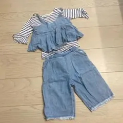 デニムフリルトップスとショートパンツセット