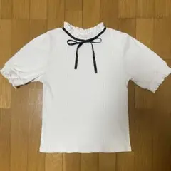 リブ 半袖Tシャツ フリルネック リボン付きのサムネイル