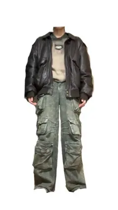 ダークブラウン レザーボンバージャケット Lサイズ相当