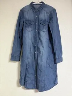 GU ジーユー ロング丈 デニムジャケット ブルー ボタン ポケット4つ付き M