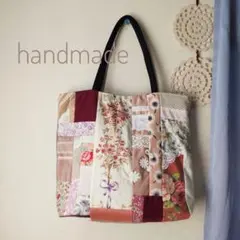 ハンドメイド　パッチワーク　トートバッグ　ピンク花柄