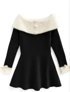 シャギーオフショルフレアニットワンピースブラック