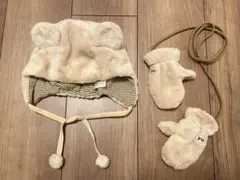 MIKI HOUSE ベビー　ベージュ クマ耳帽子とミトンセット