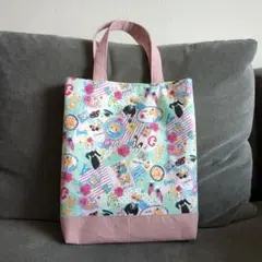 ペタンコトートバッグ 肩掛けタイプ 犬猫柄ミント×くすみピンク【訳あり品】
