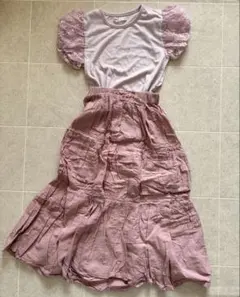 ikka 薄紫 レースパフスリーブシャツ　スカートセット