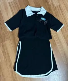 ブラック 黒 ニット ツーピース 襟付き半袖 ミニスカートセットアップ