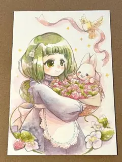 k*o様 手描きイラスト オリジナル37【いちごつみ】　水彩画　アナログ　原画