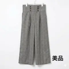 【美品】グレンチェック ワイドパンツ グレー L ハイウエスト　春夏テーマパーク