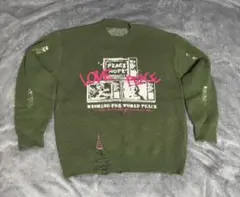 LOVE PEACE グラフィックニットセーター オリーブグリーン