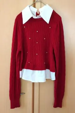 ケーブルニットセーター ビジュー付き 赤 フリーサイズ　S　もちもち　160