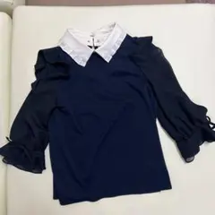 ネイビー フリルスリーブブラウス　2way 襟取り外し可能