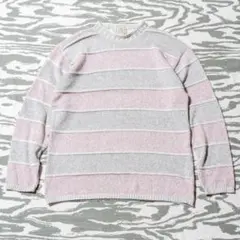 90s 日本製 Bernings グレー×ピンク ボーダー 3Dコットンセーター