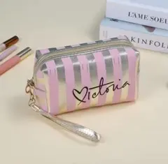 ポーチ ストライプ ピンク シルバー レディース メイク