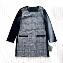 新品未使用‼️長袖膝丈ワンピース　Free ブラック　チェック柄　フォーマル