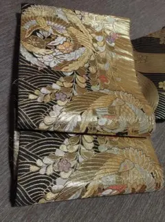 大衆演劇・舞台衣装帯☆金色と黒色の花柄袋帯(両面リバーシブル)