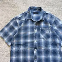 90s vintage フェード感　オンブレチェック　半袖シャツ　ブルー