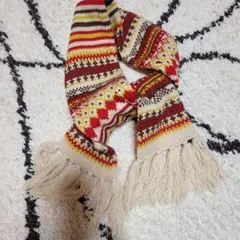 幾何学模様 ニットマフラー フリンジ付き
