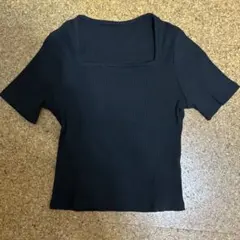 リブ編み ブラック スクエアネック Tシャツ S