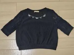 ネイビー レース袖 ストライプ Tシャツ M