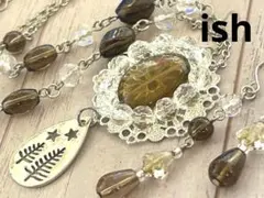 【C079】ish大粒スモーキークォーツ・本水晶カットラウンドネックレス＆ピアス