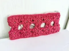 ハンドメイド かぎ針編み 花モチーフ ファスナーポーチ ピンク