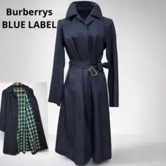 バーバリーズブルーレーベル ベルト付 ステンカラーコート 紺 裏地チェック 38
