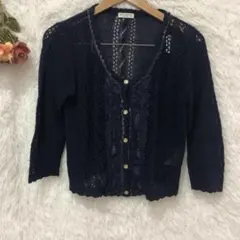 ★アクシーズファム★透かし編み柄 カーディガン 【M】 ニット 長袖 ネイビー