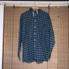 HOMLESS ネイビーグリーン チェック柄 長袖シャツ XL フード付き