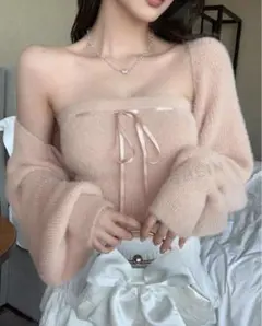 リボン付きニットカーディガン ボレロ