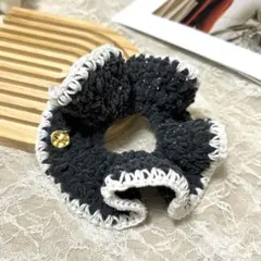 編み物 シュシュ ラメ グレー かぎ編み 毛糸 秋冬 ゴールド ハンドメイド