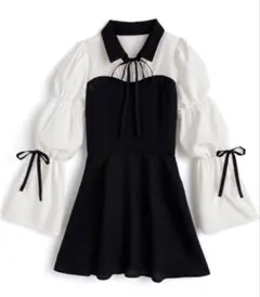 【2/14迄】 GRL 配色カラーリボンパフスリーブフレアミニワンピース