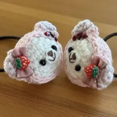 あみぐるみヘアゴム♡桜ピンクずきんくまちゃん（苺リボンとハート）♡ハンドメイド