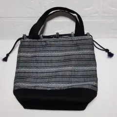 ✡️紳士和柄×黒切り替え持ち手付き巾着手提げバッグ~濃紺ハンドメイド
