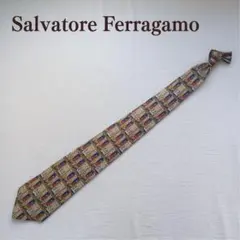 フェラガモ ネクタイ 紺色 建築モチーフ総柄 絹素材 クラシック【n8972】