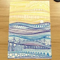 【ボールペン】手描きイラスト　創作アート　ゼンダングル風　海　太陽