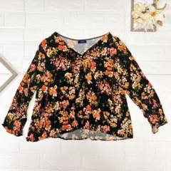 SHIPS / シップス 花柄ブラウス 七分袖 フレア袖 M ブラック 総柄