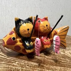 E-壁 【美品】バリ島製 手描き木製猫の置物3体セット エスニック